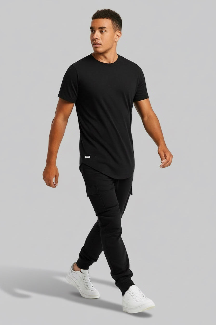 Black Urban Edge: Curved Drop Fit Tee - Muscolo Menswear